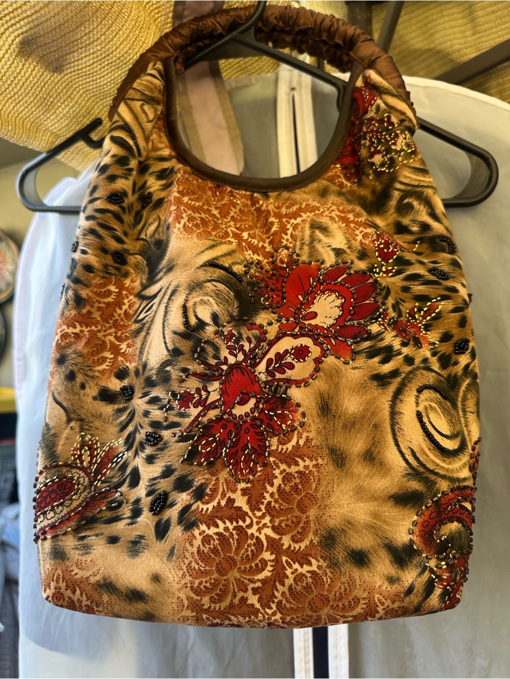 Velvet Floral & Animal Print Tote Bag in Brown and Red